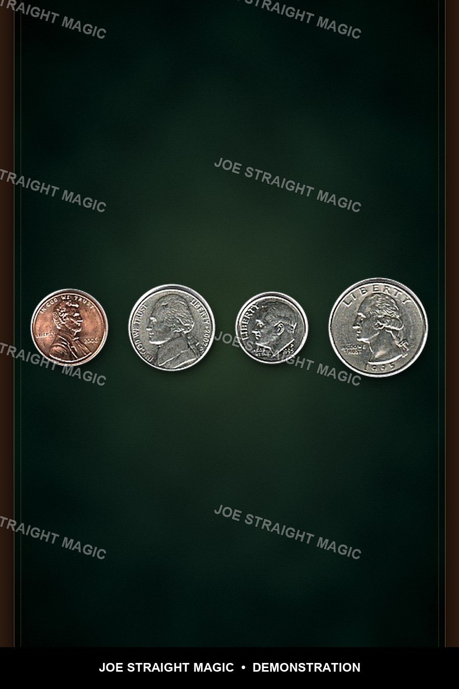 Protected display with a penny, nickel, dime, and quarter