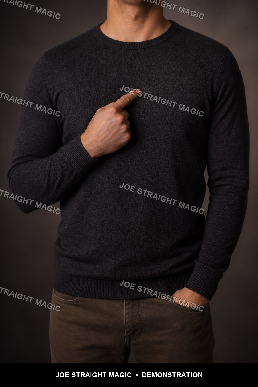 Protected demonstration image of a participant touching their chest